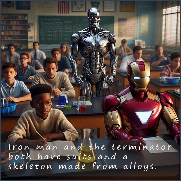 Iron man and the terminator sitting in a science lab